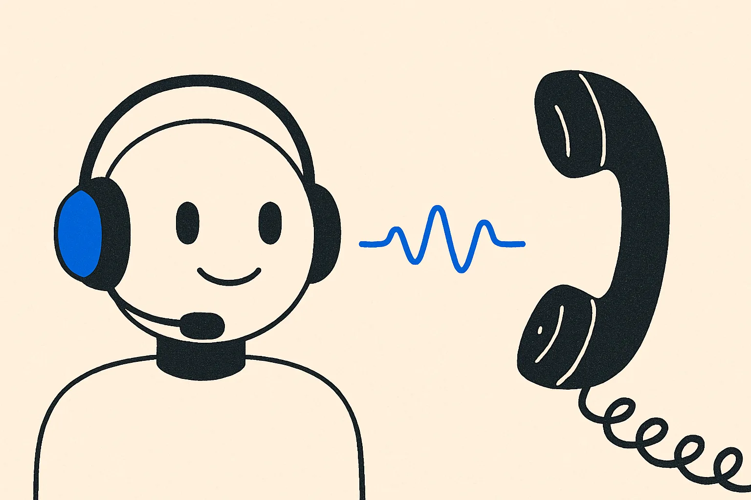 Illustration of a friendly robot with a headset facing a classic telephone handset, connected by a sound wave