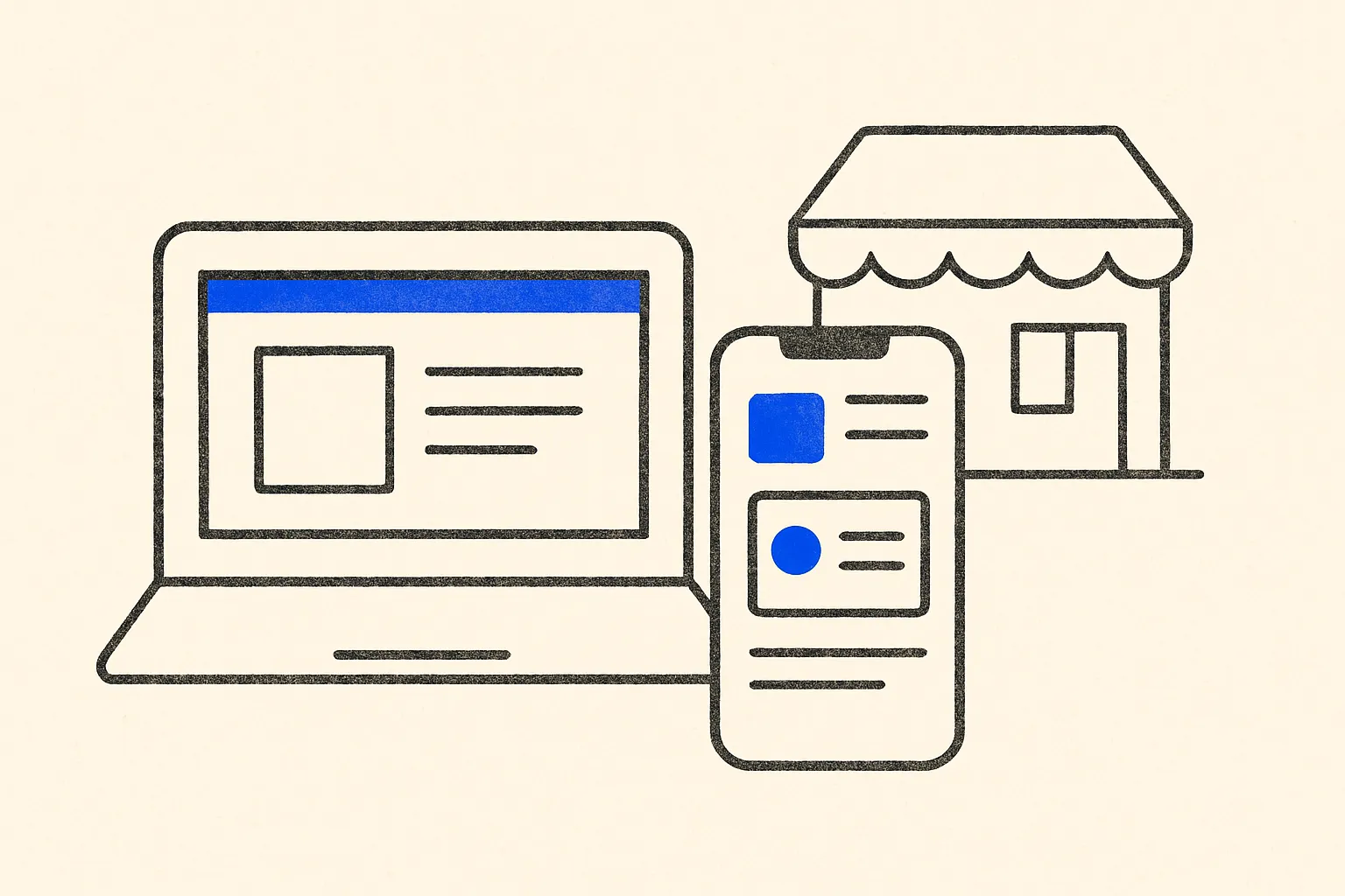 A laptop and smartphone show how a local business website and social media profiles work together beside a small storefront.