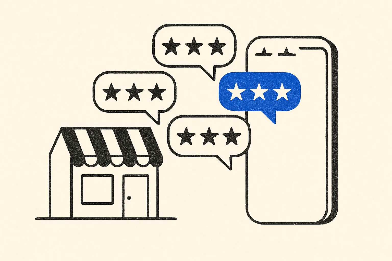 A simple storefront and smartphone are surrounded by customer review bubbles, with one highlighted in blue.