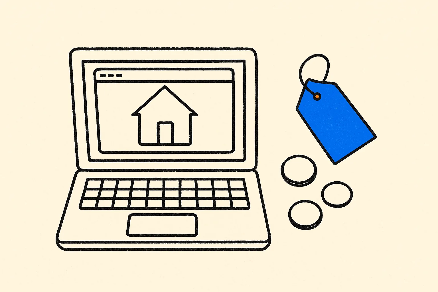Illustration of a laptop showing a simple website beside a blue price tag and coins