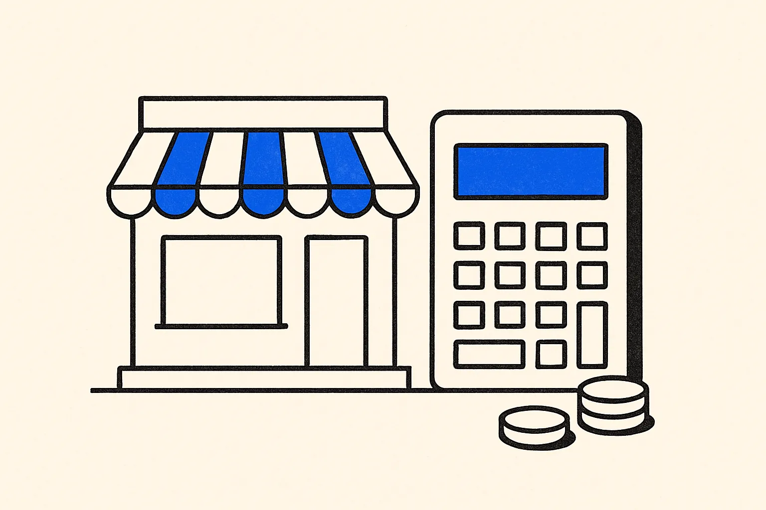A simple storefront appears beside a calculator and a stack of coins representing a small business advertising budget.