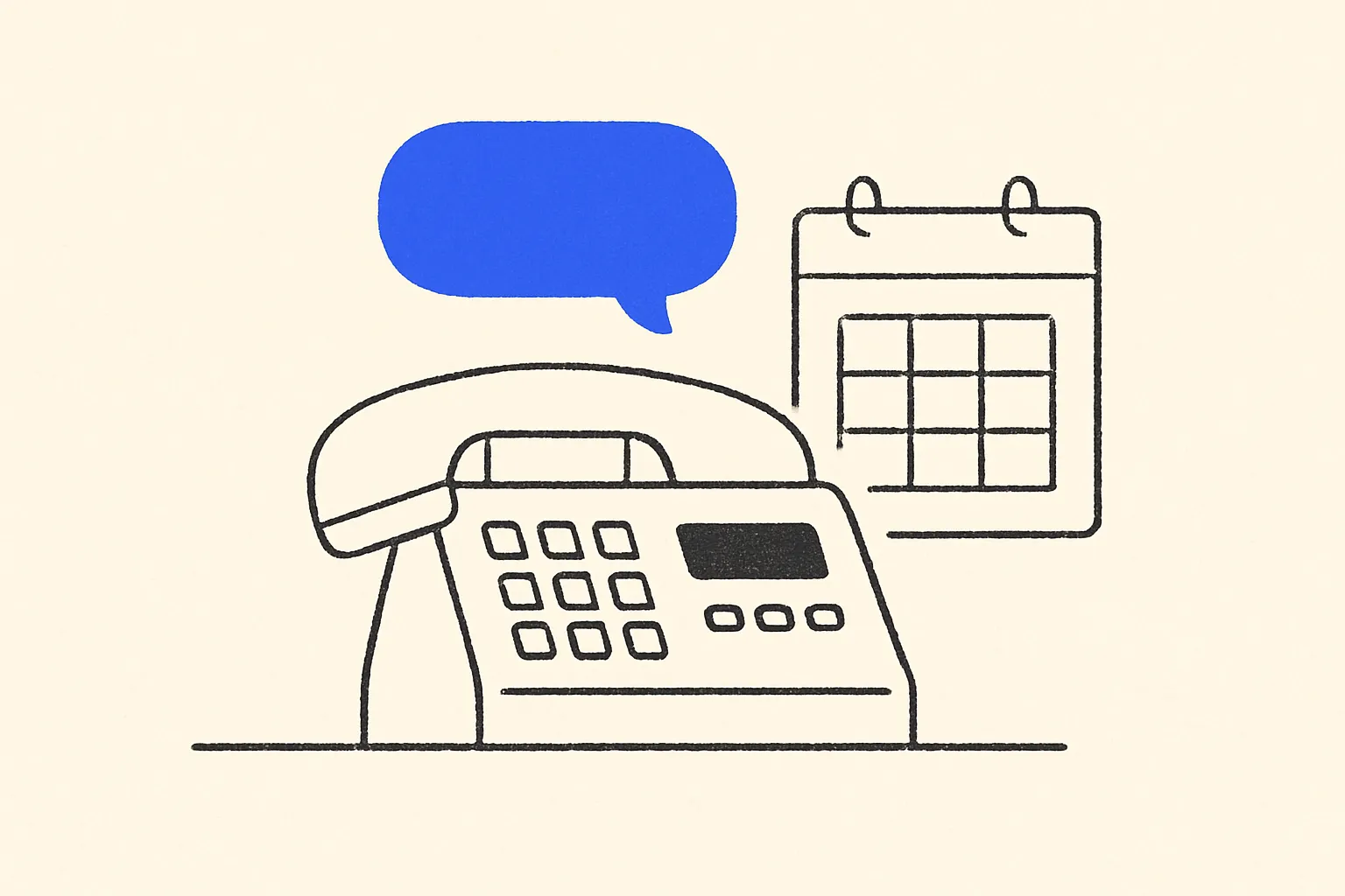 A simple desk phone, speech bubble, and appointment calendar illustrate an AI receptionist handling a business call.