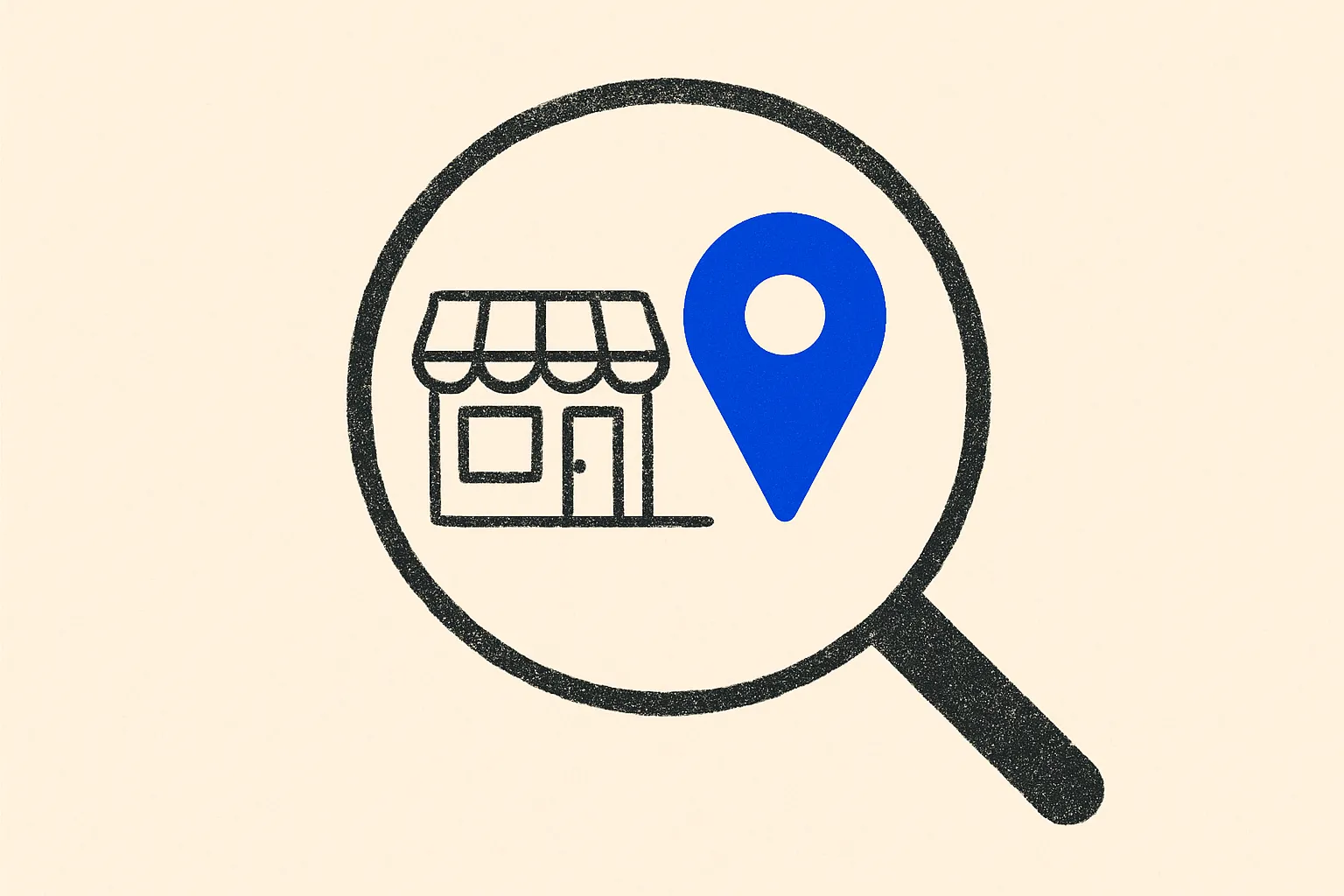 A magnifying glass searches for a small storefront and map pin that are missing from a local map.