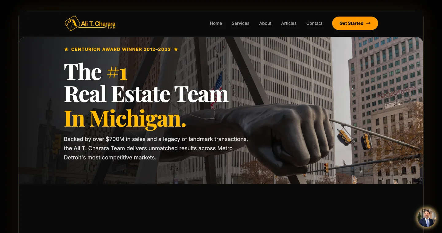 alicharara.com homepage: dark hero with a gold headline over the Monument to Joe Louis in Detroit