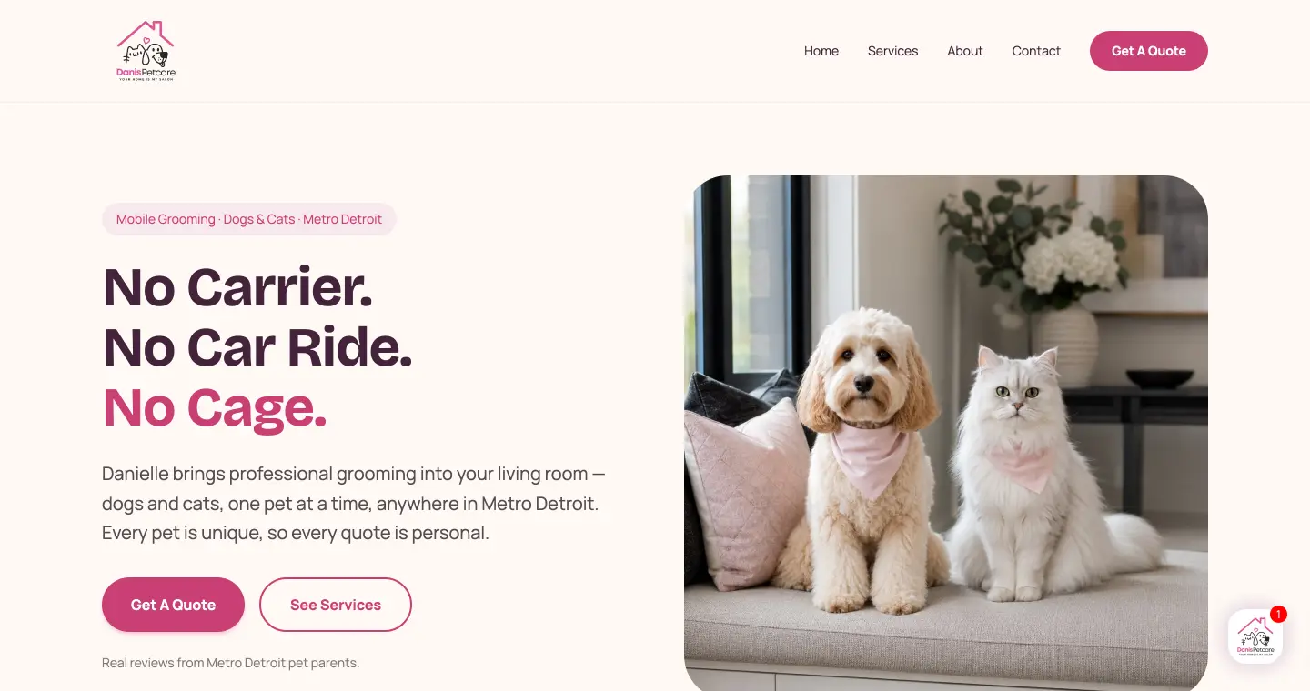 danispetcare.com homepage for a Dearborn pet grooming business