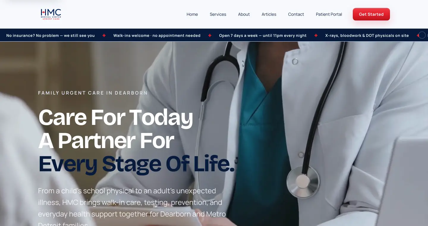 hmcurgentcare.com homepage showing walk-in urgent care in Dearborn