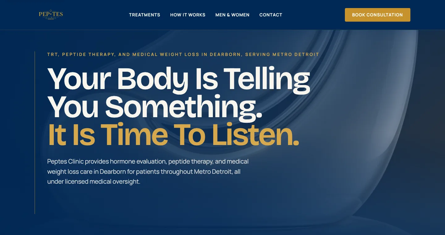 peptes.com homepage: navy hero that reads Your Body Is Telling You Something