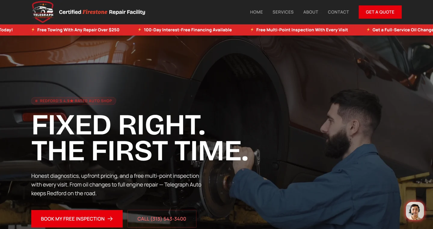 telegraphautoservice.com homepage for a Redford auto repair shop